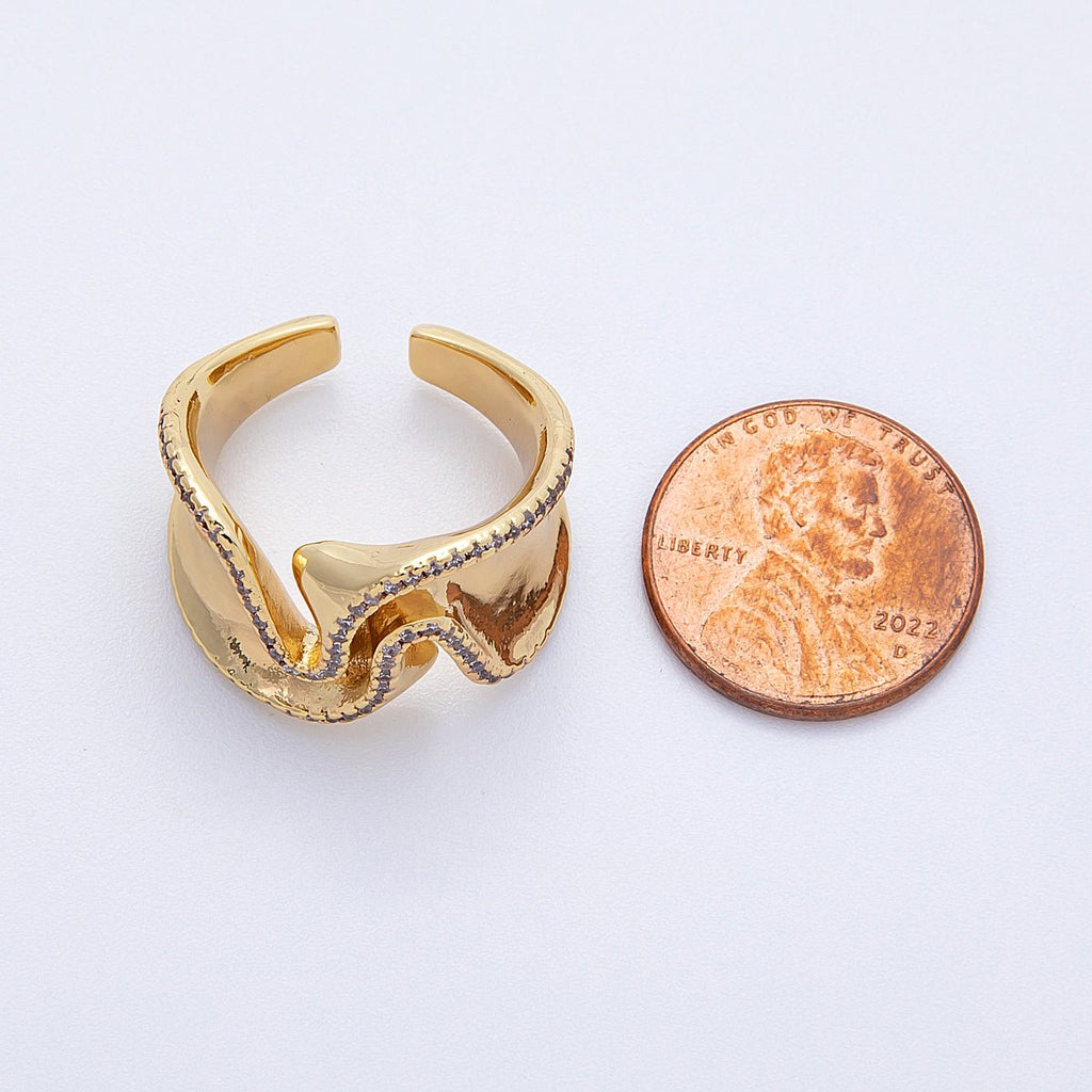 16K Gold Filled Micro Paved CZ Foil Wavy Abstract Statement Ring | Rings-00021