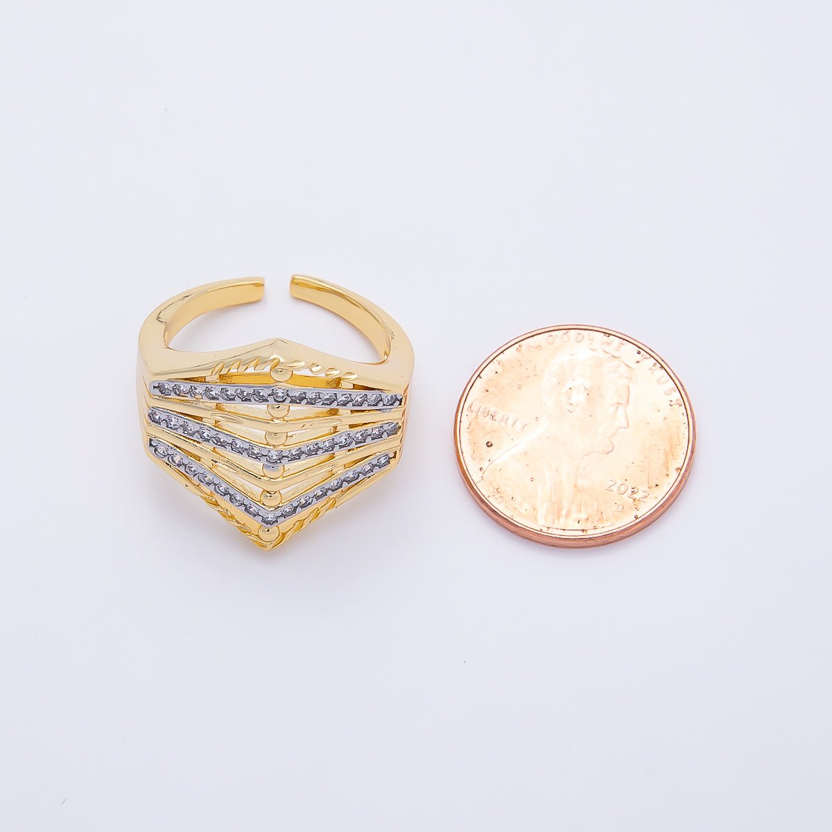 16K Gold Filled Micro Paved CZ Geometric Chevron Mixed Metal Ring | Rings-00195