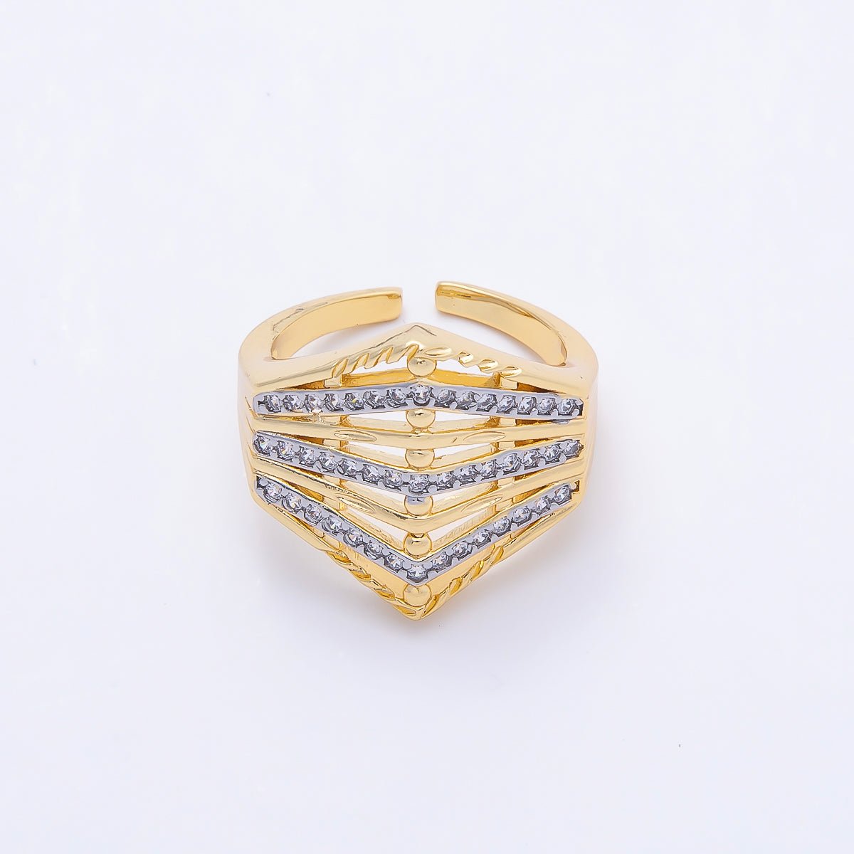 16K Gold Filled Micro Paved CZ Geometric Chevron Mixed Metal Ring | Rings-00195