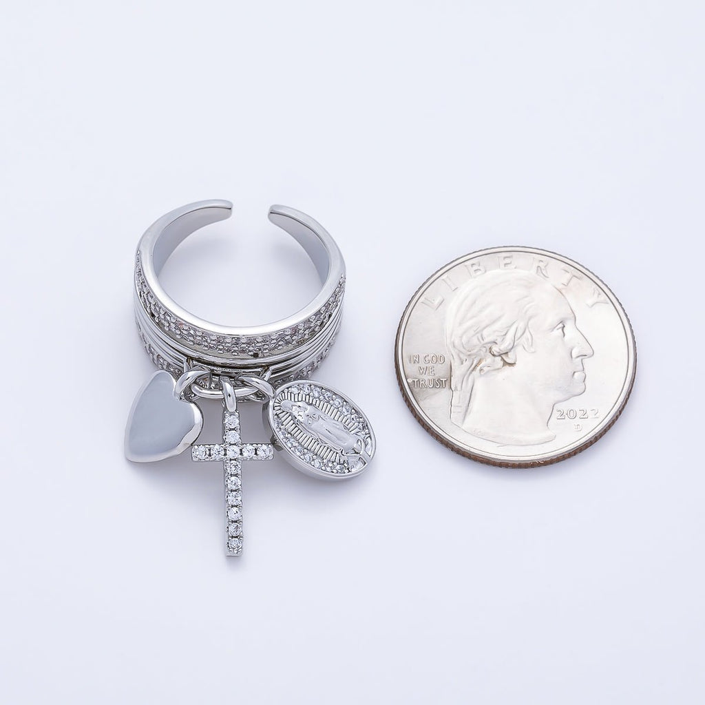 16K Gold Filled Micro Paved CZ Heart Mary Cross Religious Drop Ring in Gold & Silver | Rings-00281 Rings-00282