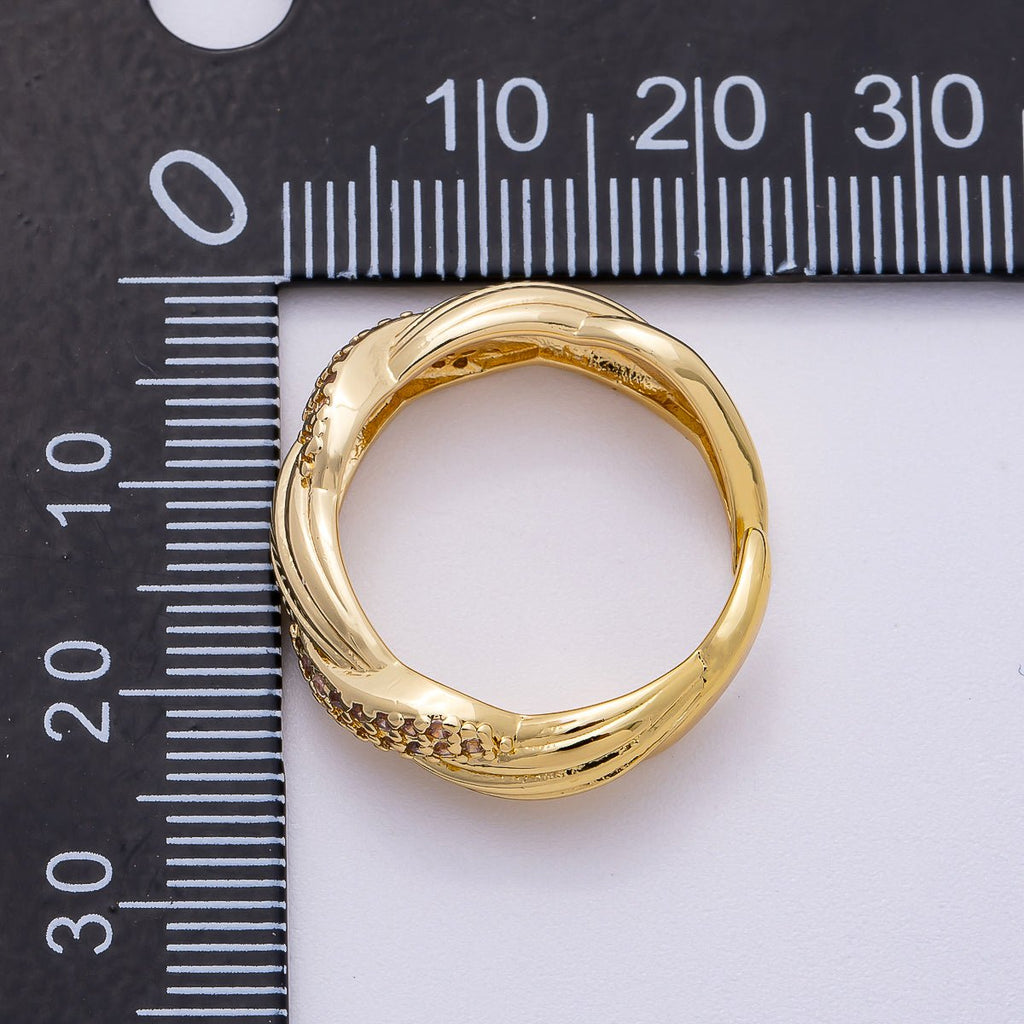 16K Gold Filled Micro Paved CZ Line Textured Ribbed Croissant Ring | Rings-00071
