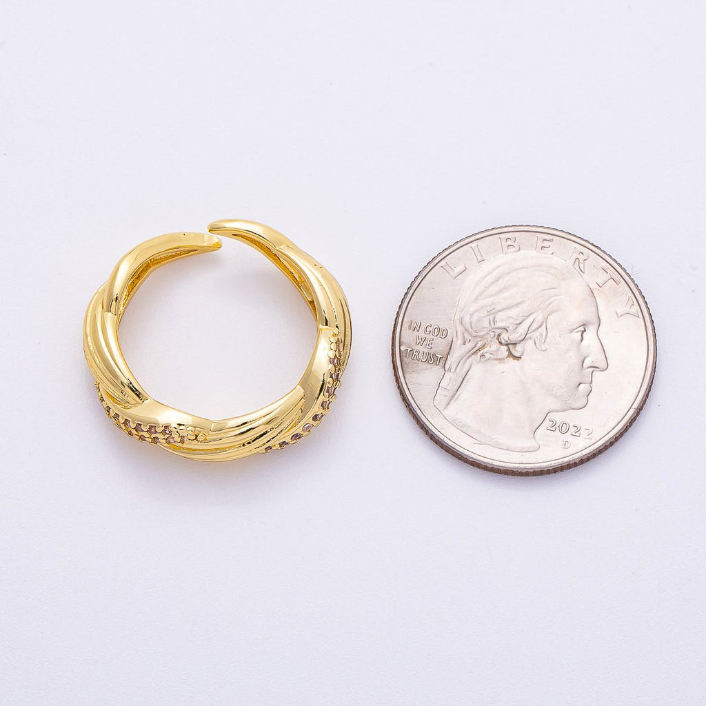 16K Gold Filled Micro Paved CZ Line Textured Ribbed Croissant Ring | Rings-00071