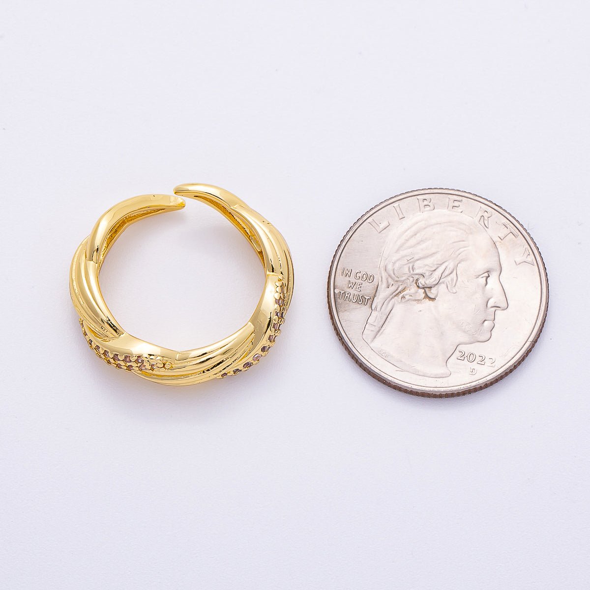 16K Gold Filled Micro Paved CZ Line Textured Ribbed Croissant Ring | Rings-00071