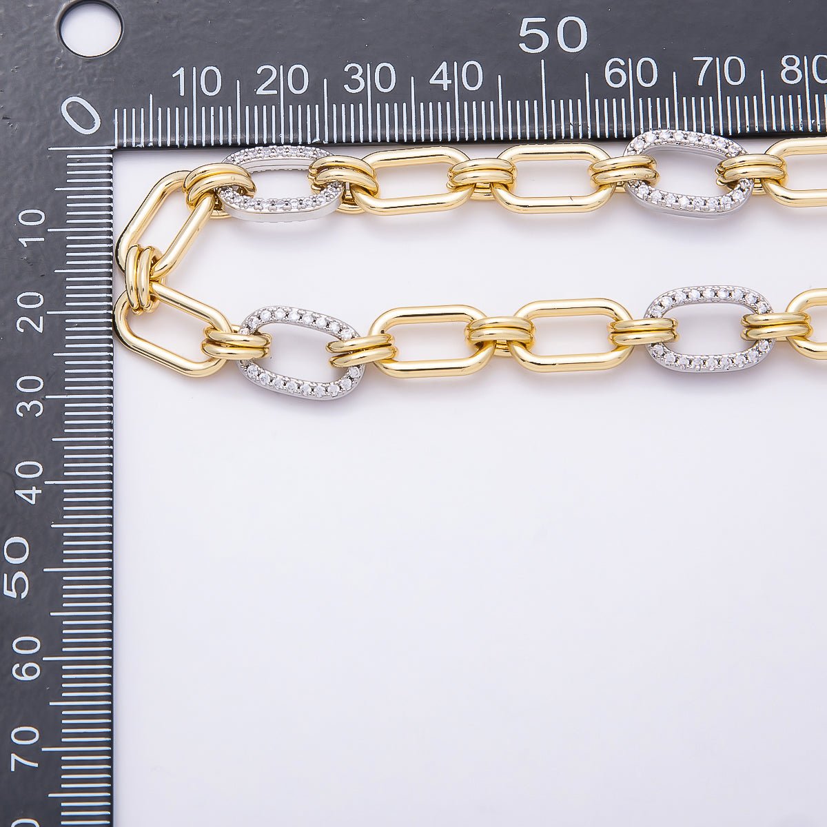 16K Gold Filled Micro Paved CZ Mixed Metal Paperclip Unfinished Chain by Yard | Roll-01872