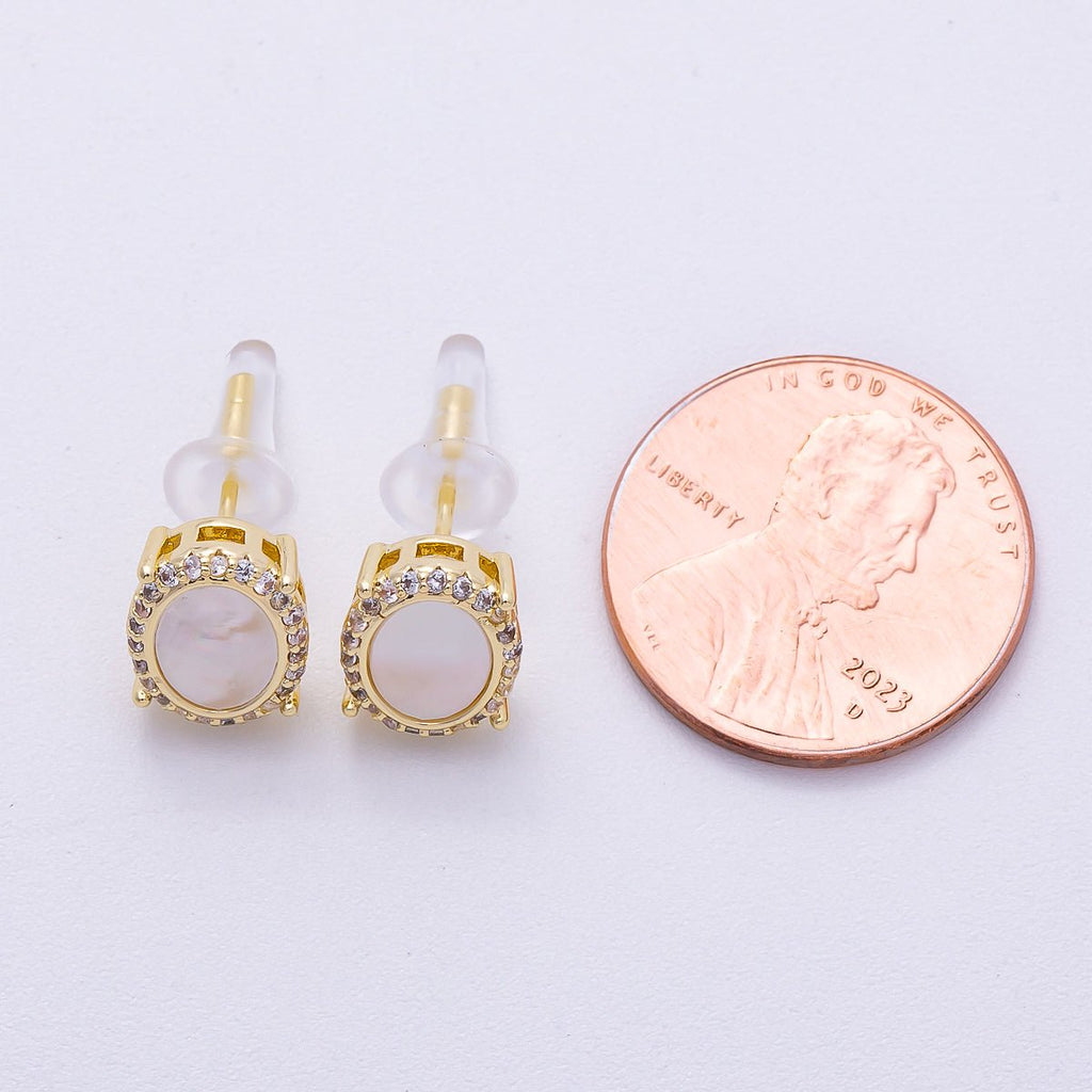 16K Gold Filled Mother Of Pearl Micro Paved CZ Bezel Oval Stud Earrings | Earrings-00296