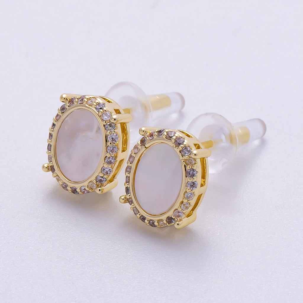 16K Gold Filled Mother Of Pearl Micro Paved CZ Bezel Oval Stud Earrings | Earrings-00296