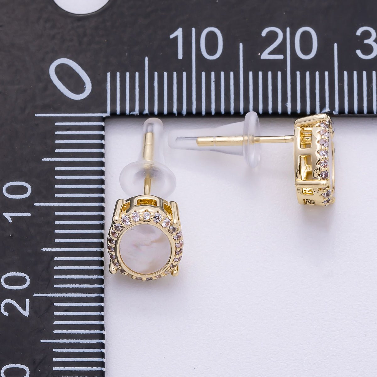 16K Gold Filled Mother Of Pearl Micro Paved CZ Bezel Oval Stud Earrings | Earrings-00296