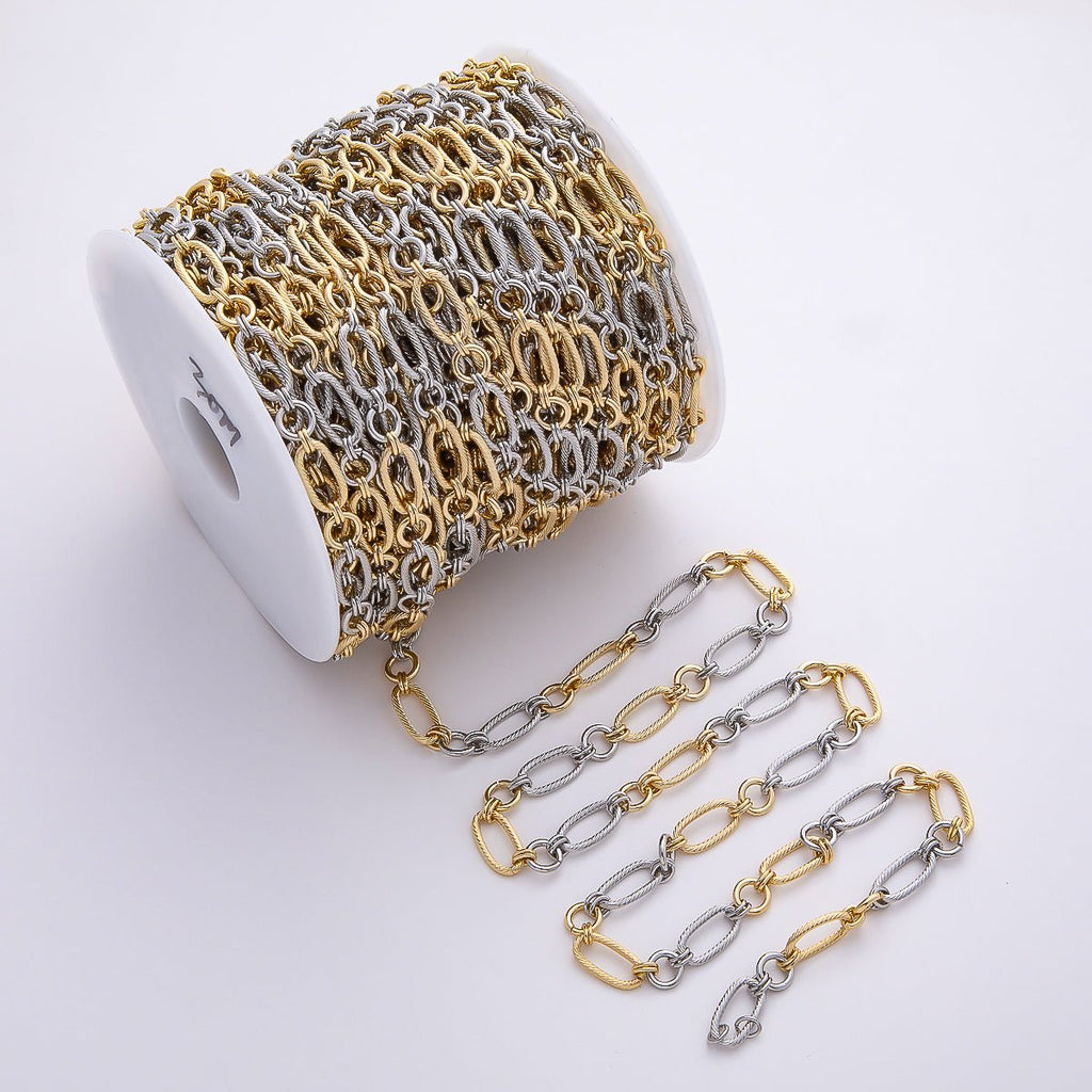 16K Gold Filled Mixed Metal Ribbed Oval Paperclip Unfinished Chain by Yard | Roll-01871