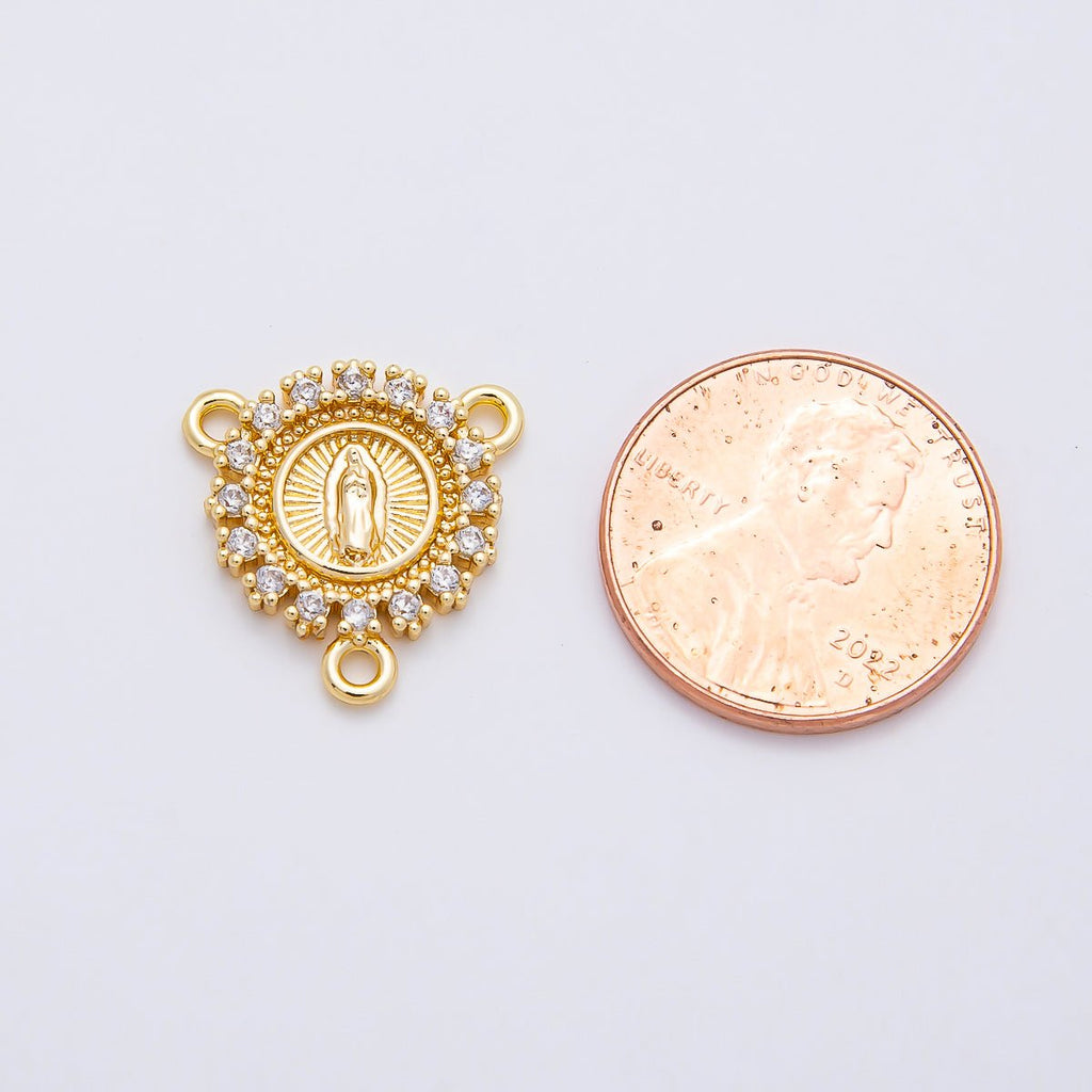 16K Gold Filled 20mm Mother Mary Micro Paved CZ Round Triple Connector in Gold & Silver | Connectors-00026