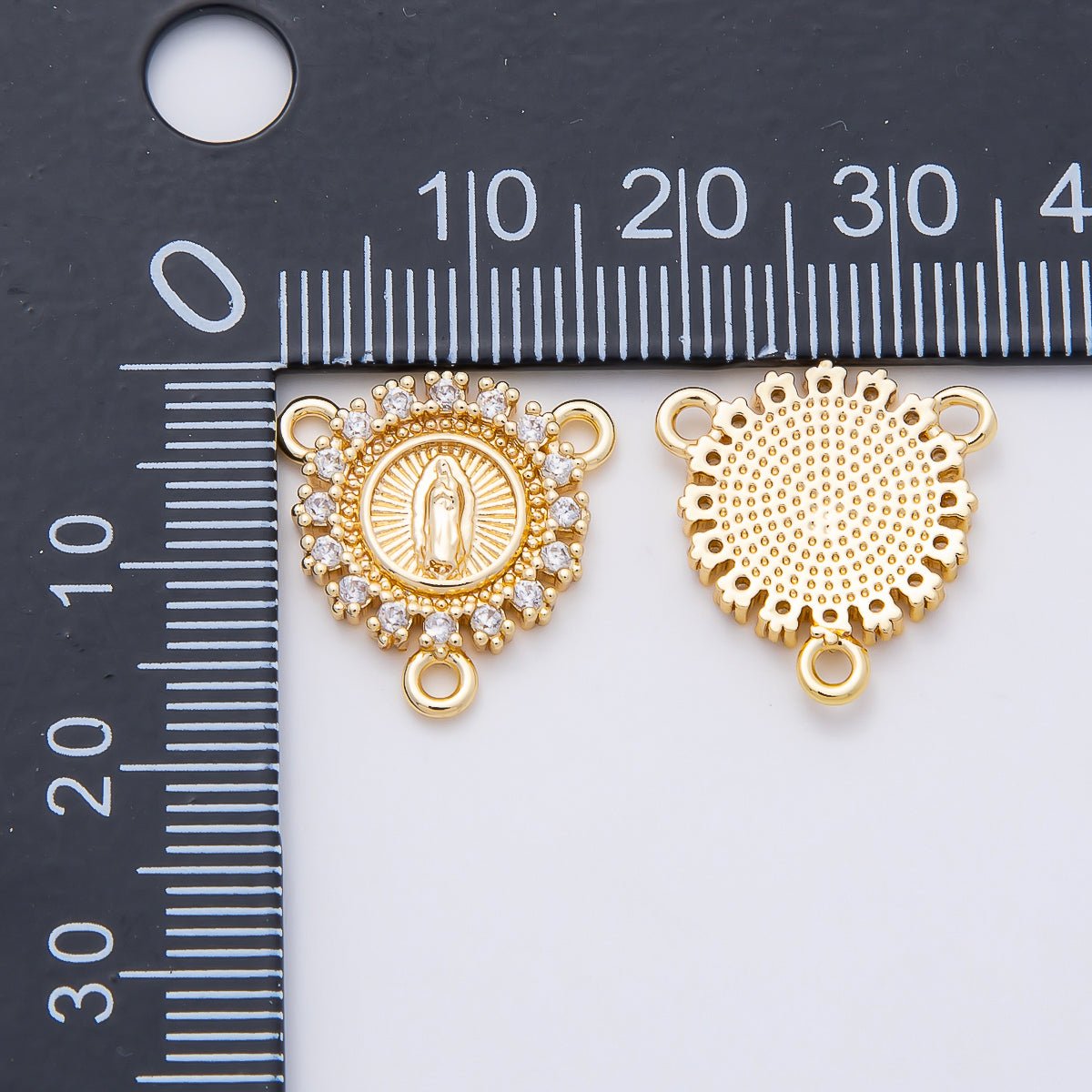16K Gold Filled 20mm Mother Mary Micro Paved CZ Round Triple Connector in Gold & Silver | Connectors-00026