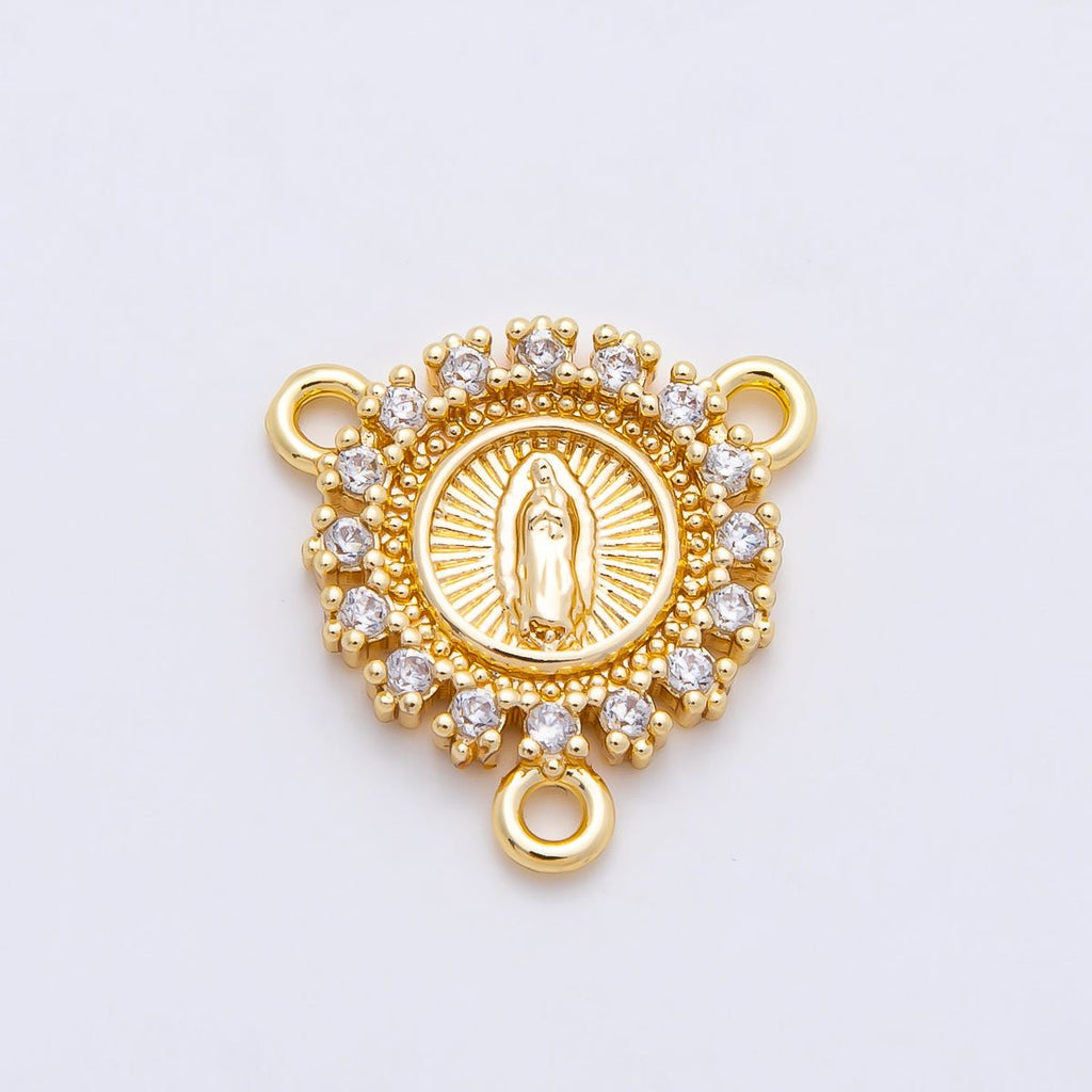 16K Gold Filled 20mm Mother Mary Micro Paved CZ Round Triple Connector in Gold & Silver | Connectors-00026