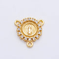 16K Gold Filled 20mm Mother Mary Micro Paved CZ Round Triple Connector in Gold & Silver | Connectors-00026