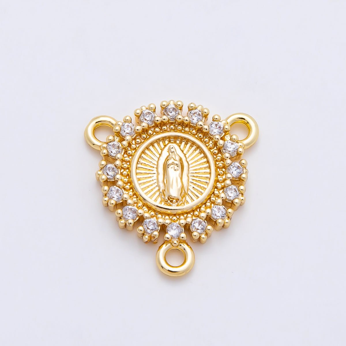16K Gold Filled 20mm Mother Mary Micro Paved CZ Round Triple Connector in Gold & Silver | Connectors-00026
