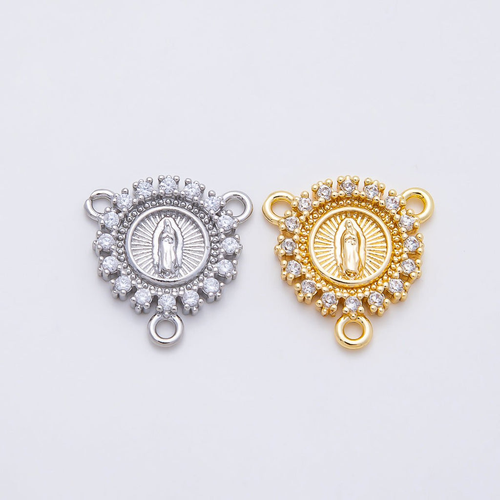 16K Gold Filled 20mm Mother Mary Micro Paved CZ Round Triple Connector in Gold & Silver | Connectors-00026