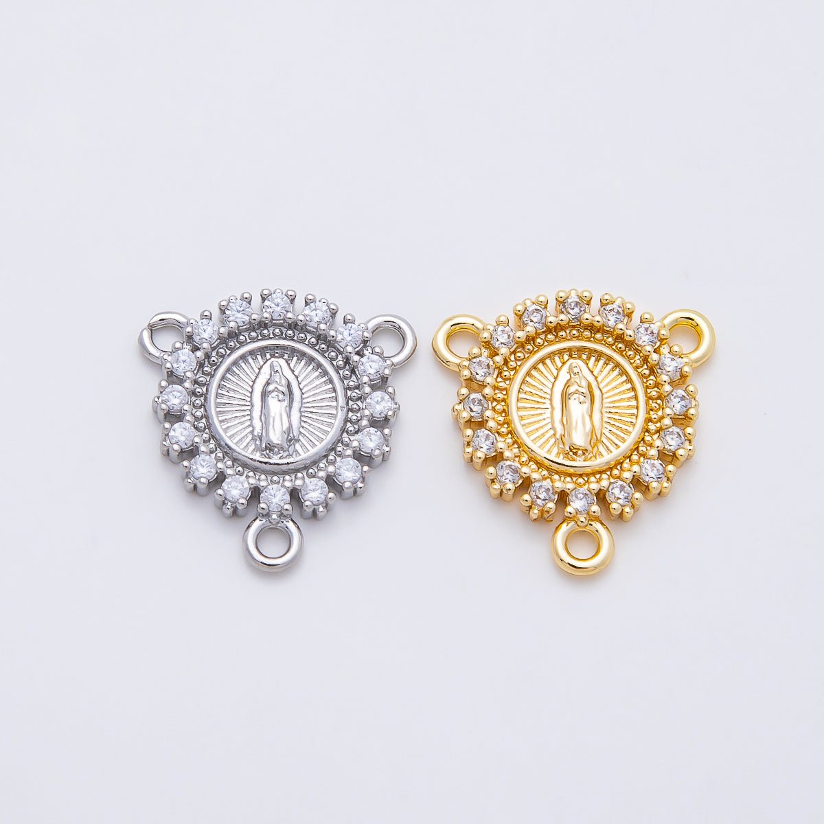 16K Gold Filled 20mm Mother Mary Micro Paved CZ Round Triple Connector in Gold & Silver | Connectors-00026
