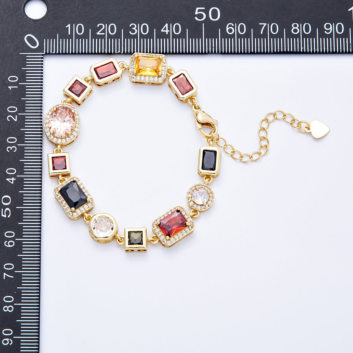 16K Gold Filled Multicolor Round Baguette CZ Micro Paved 6.5 Inch Bracelet w. Extender | WA-04146