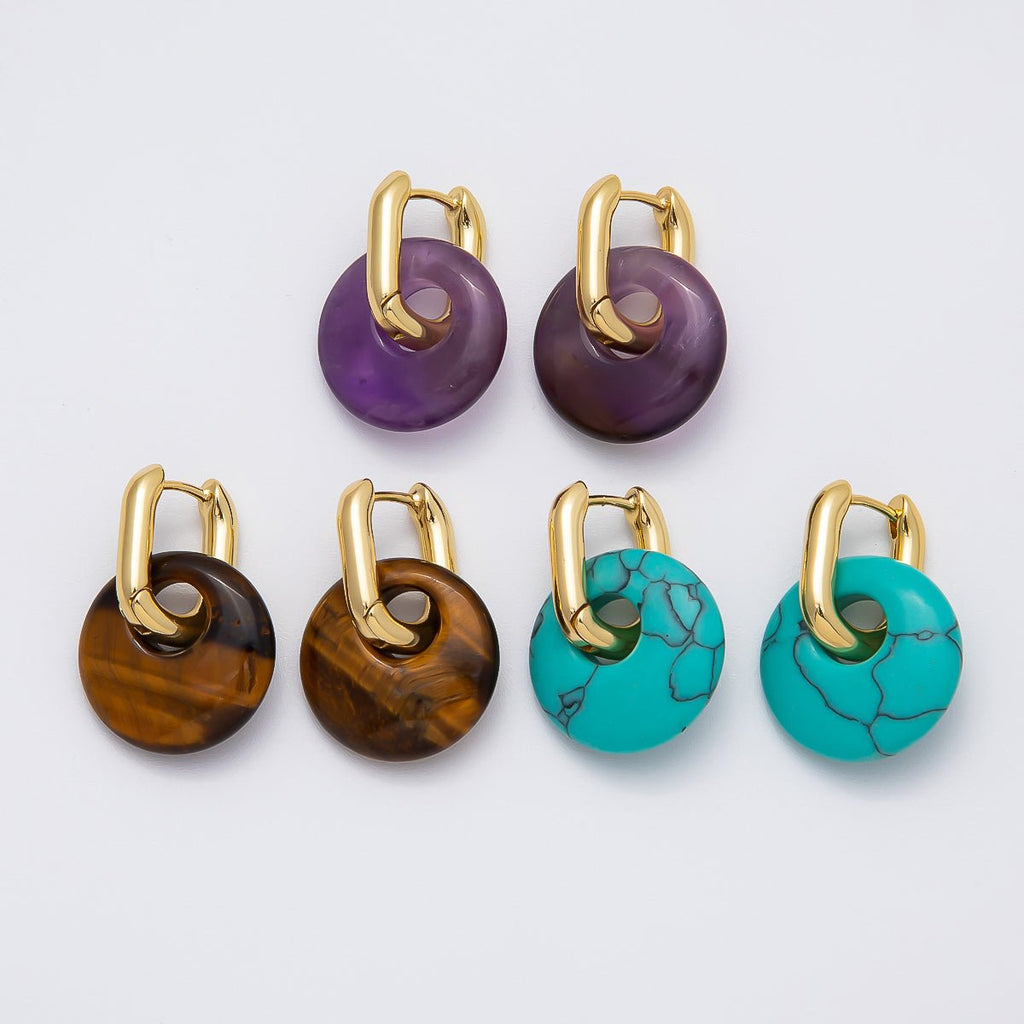 16K Gold Filled Natural Gemstone Donut Drop Oblong Hoop Earrings | EARRINGS-00245 ~ EARRINGS-00247
