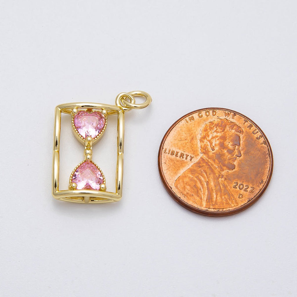 16K Gold Filled Pink Heart CZ Hourglass Open Charm | Charms-00451