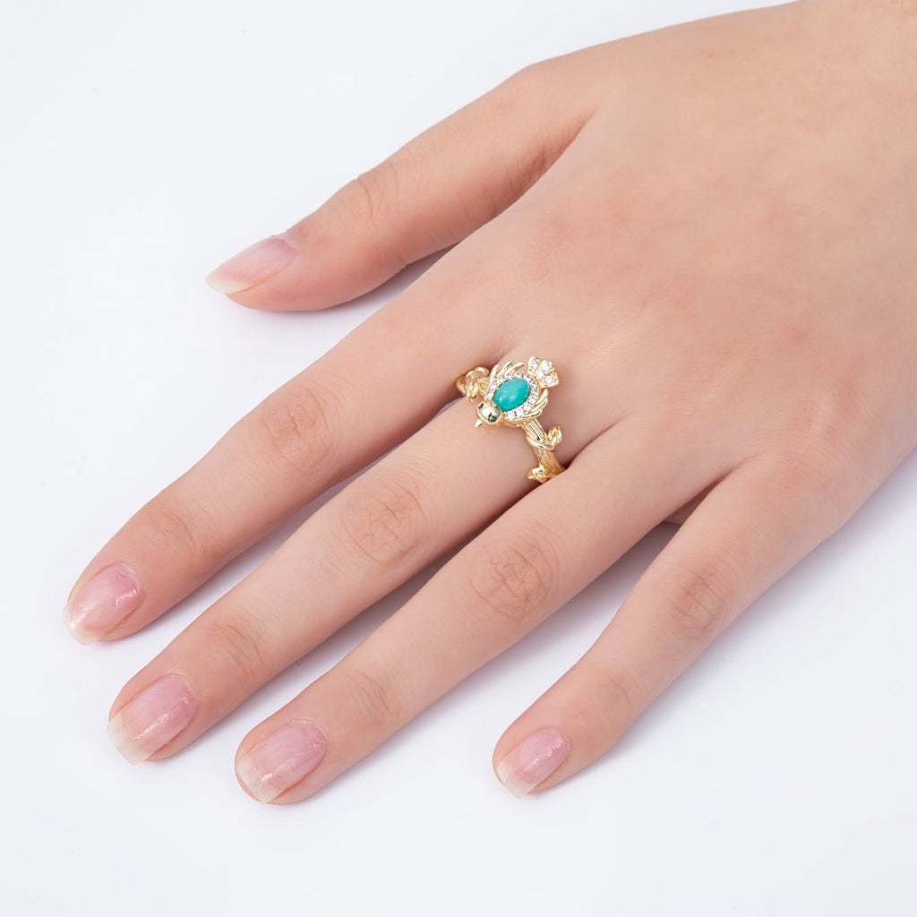 16K Gold Filled Teal, Green CZ Micro Paved CZ Bird Lead Nature Ring | Rings-00046 Rings-00047