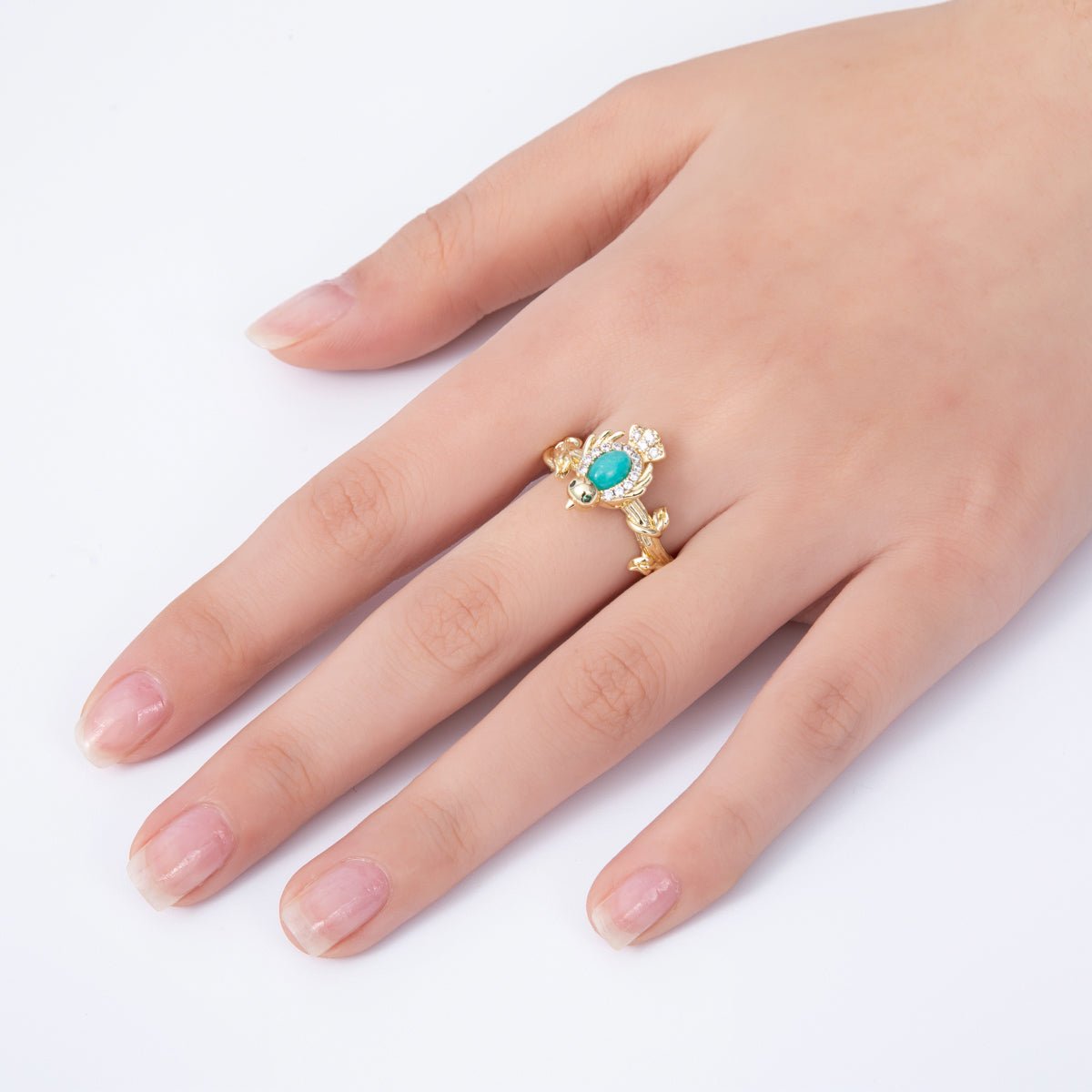 16K Gold Filled Teal, Green CZ Micro Paved CZ Bird Lead Nature Ring | Rings-00046 Rings-00047