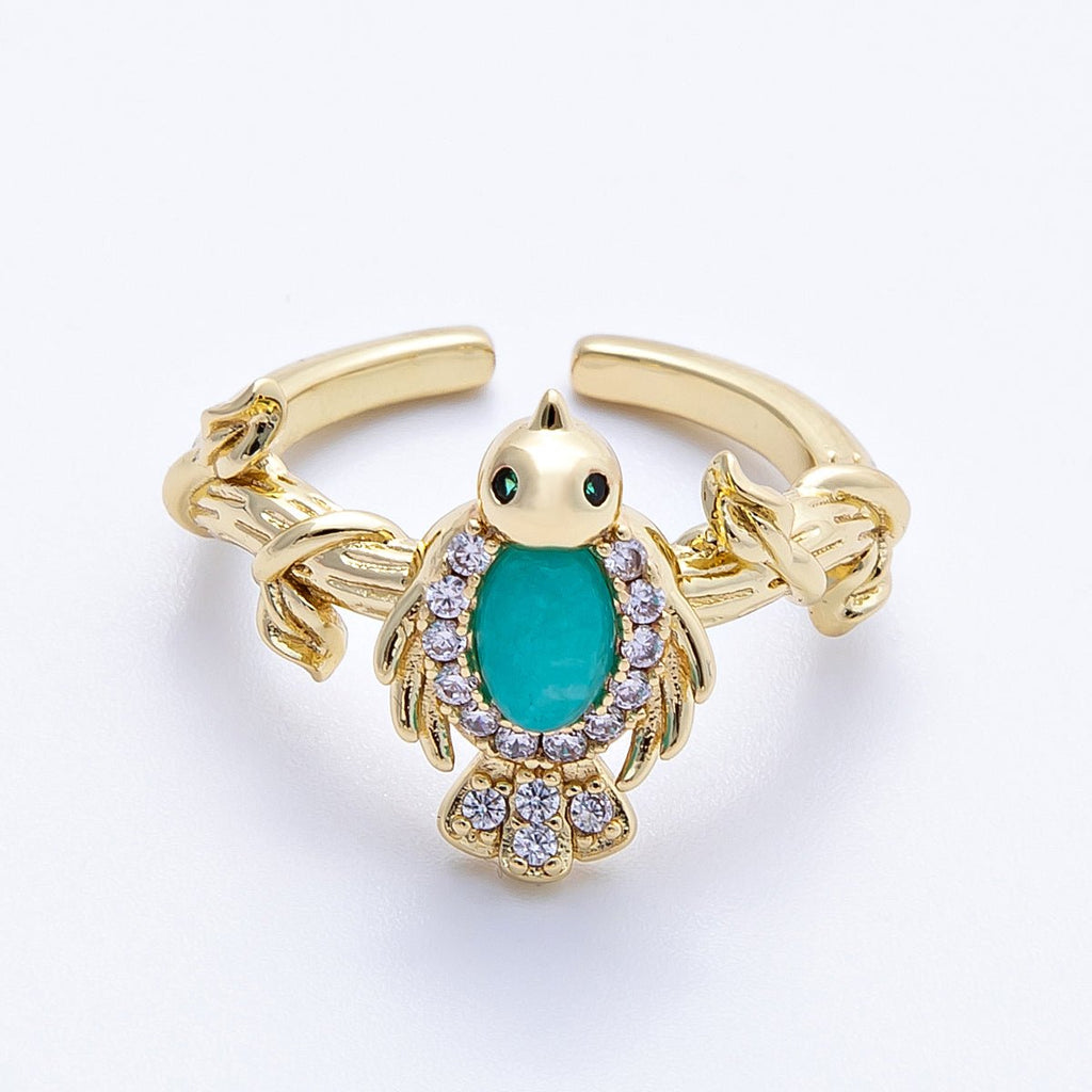16K Gold Filled Teal, Green CZ Micro Paved CZ Bird Lead Nature Ring | Rings-00046 Rings-00047