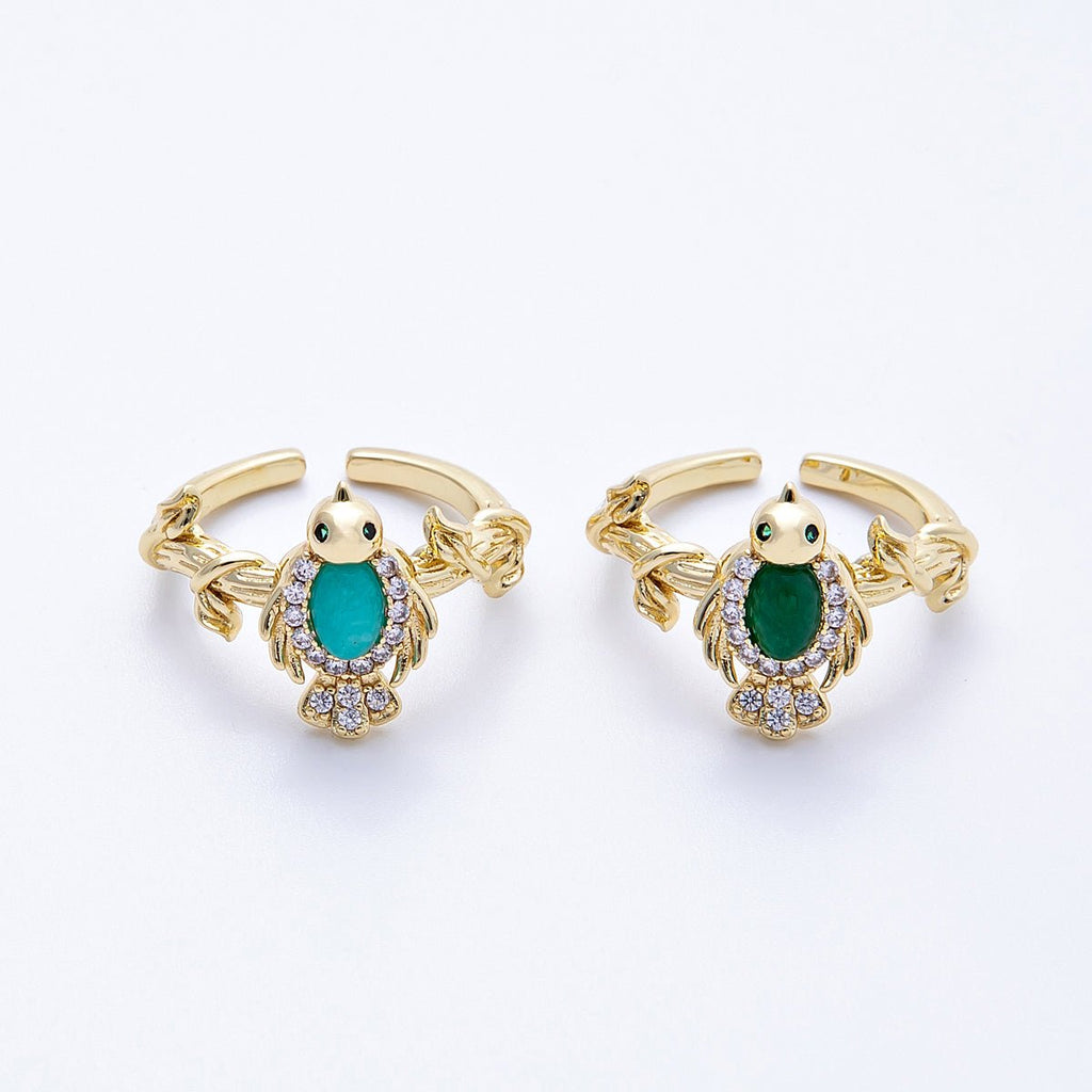 16K Gold Filled Teal, Green CZ Micro Paved CZ Bird Lead Nature Ring | Rings-00046 Rings-00047