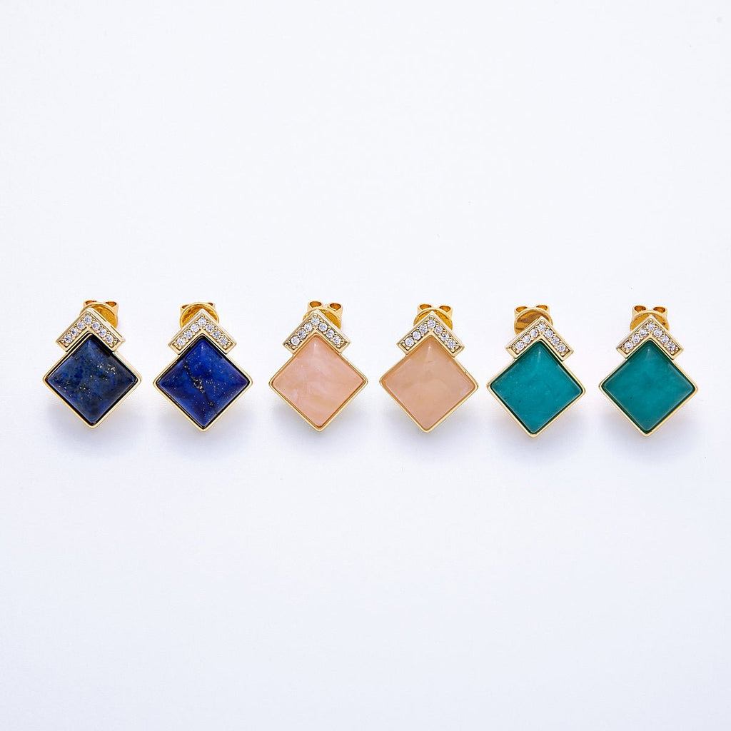 16K Gold Filled Turquoise, Pink Quartz, Lapis Lazuli Gemstone Micro Paved CZ Rhombus Studs | Earrings-00201 ~ Earrings-00203