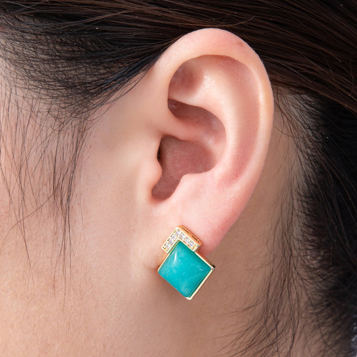 16K Gold Filled Turquoise, Pink Quartz, Lapis Lazuli Gemstone Micro Paved CZ Rhombus Studs | Earrings-00201 ~ Earrings-00203