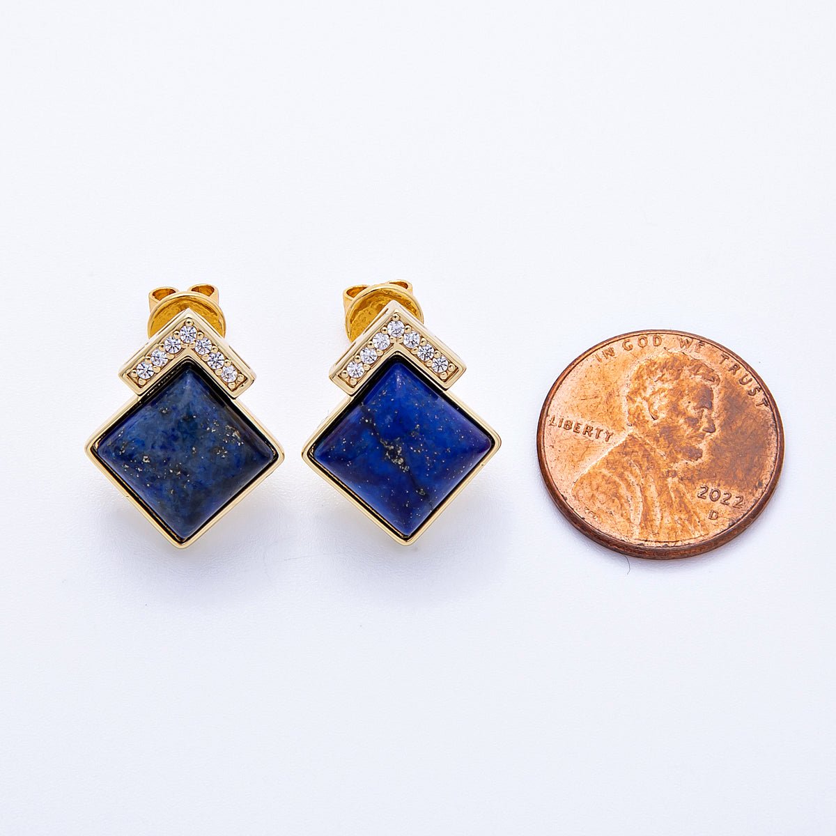 16K Gold Filled Turquoise, Pink Quartz, Lapis Lazuli Gemstone Micro Paved CZ Rhombus Studs | Earrings-00201 ~ Earrings-00203