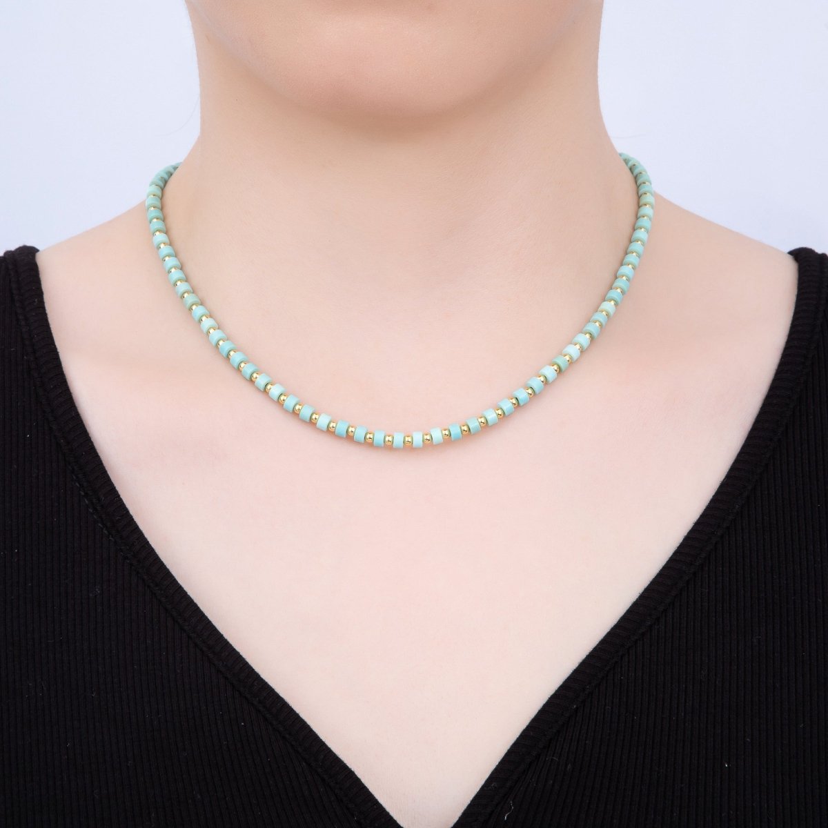 16K Gold Filled 4mm Turquoise Rondelle Tube Bead Gemstone Chain 16 Inch Choker Necklace w Extender | WA-04302