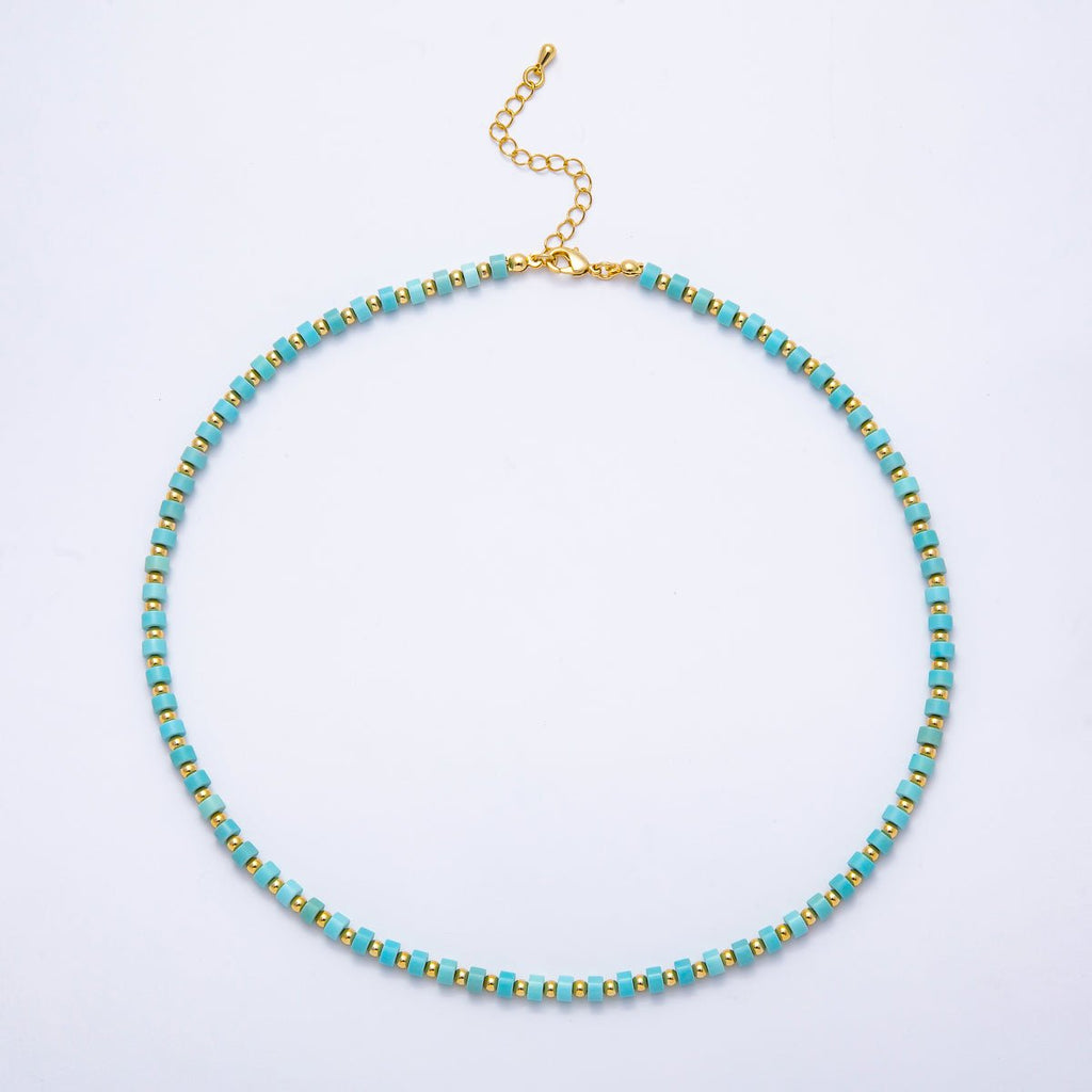 16K Gold Filled 4mm Turquoise Rondelle Tube Bead Gemstone Chain 16 Inch Choker Necklace w Extender | WA-04302