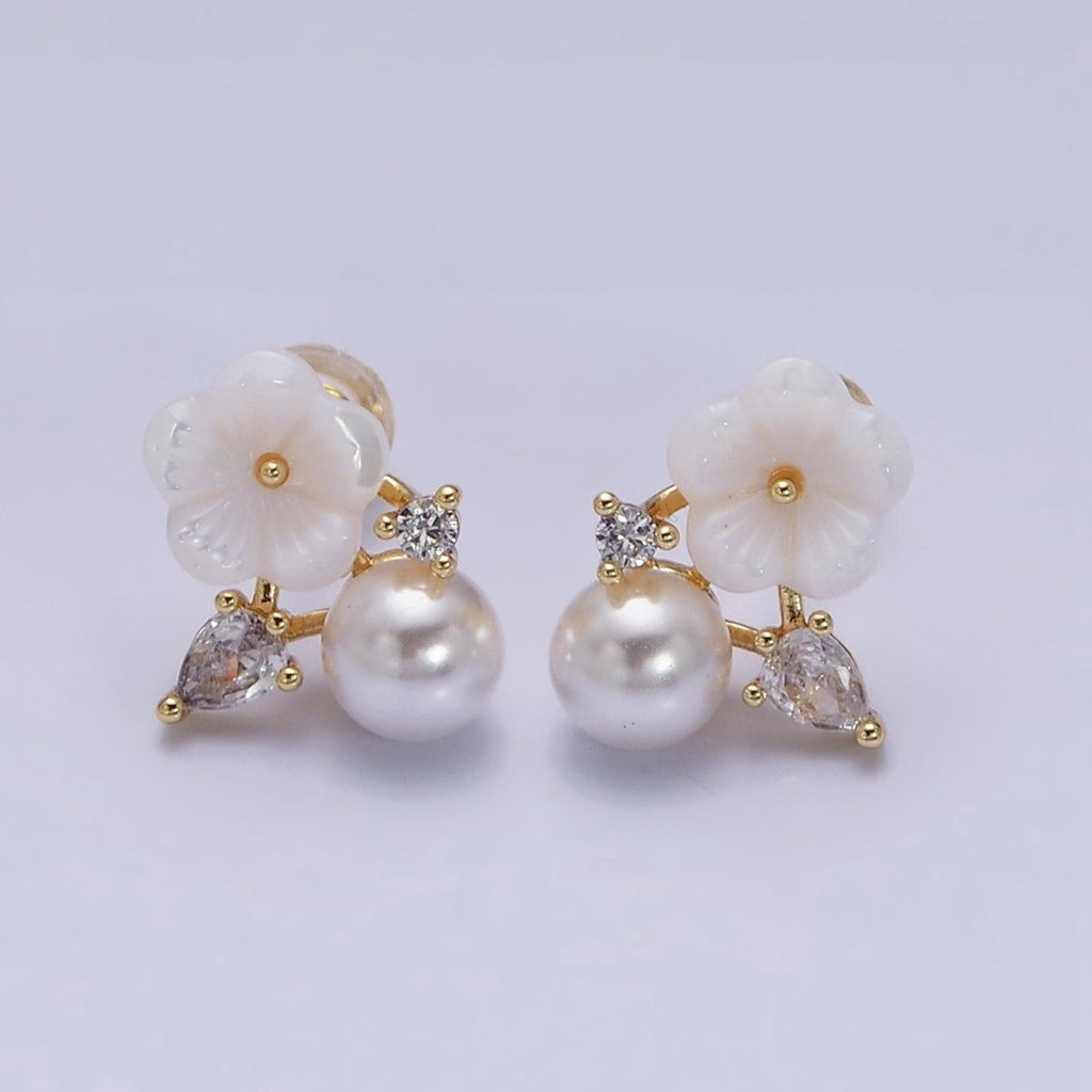 16K Gold Filled White Acrylic Flower Pearl CZ Stud Earrings in Gold & Silver | AD1558 AD1559 - Gold