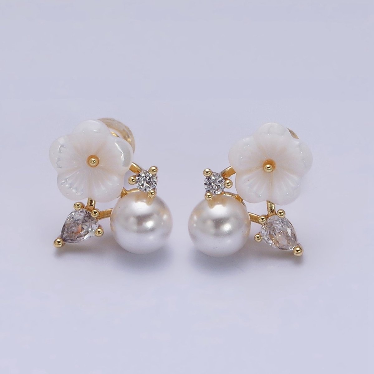 16K Gold Filled White Acrylic Flower Pearl CZ Stud Earrings in Gold & Silver | AD1558 AD1559 - Gold