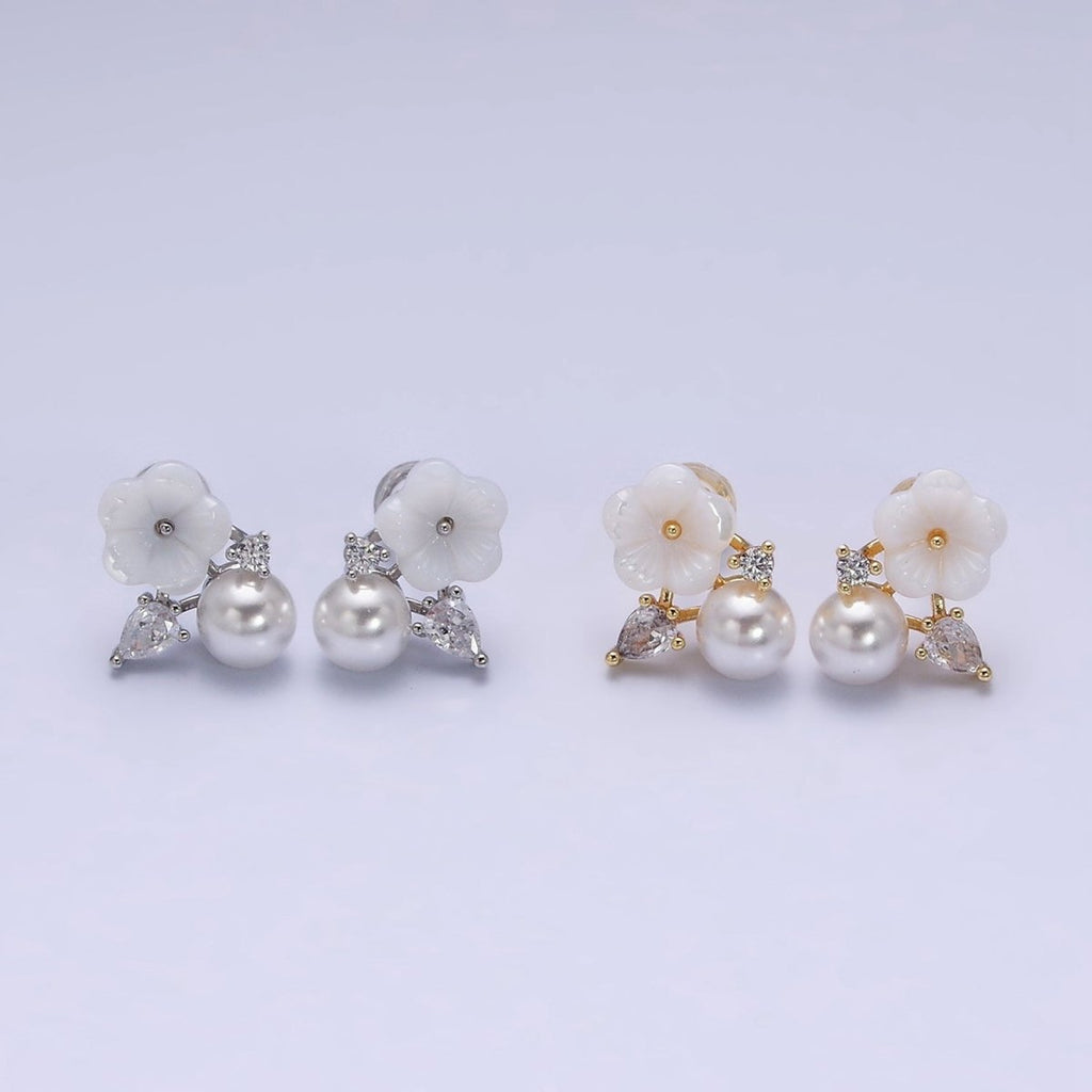 16K Gold Filled White Acrylic Flower Pearl CZ Stud Earrings in Gold & Silver | AD1558 AD1559 - Gold