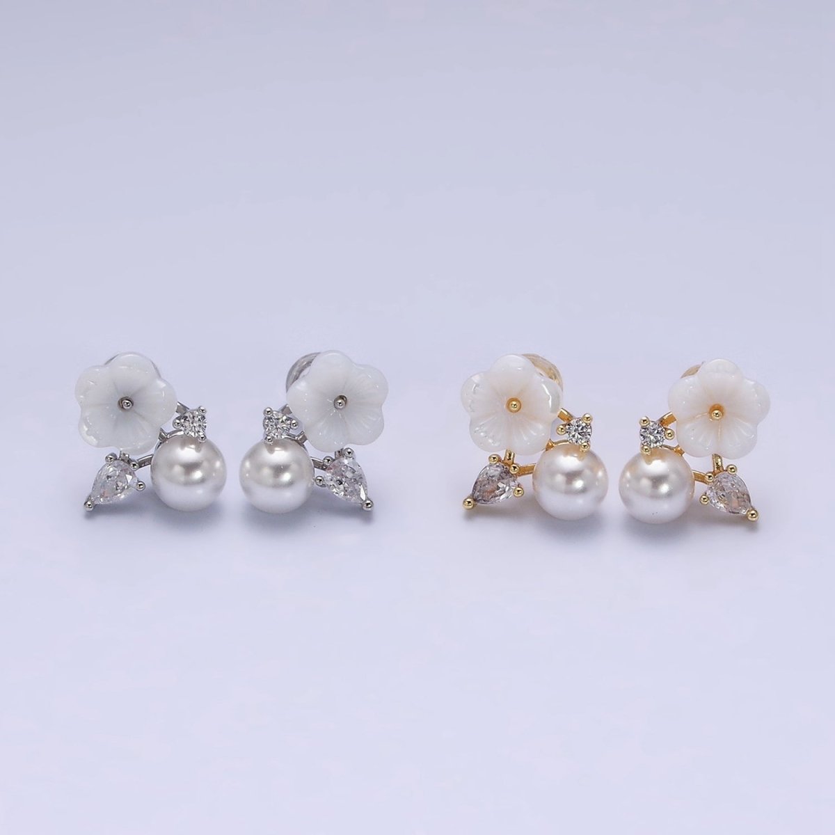 16K Gold Filled White Acrylic Flower Pearl CZ Stud Earrings in Gold & Silver | AD1558 AD1559 - Gold