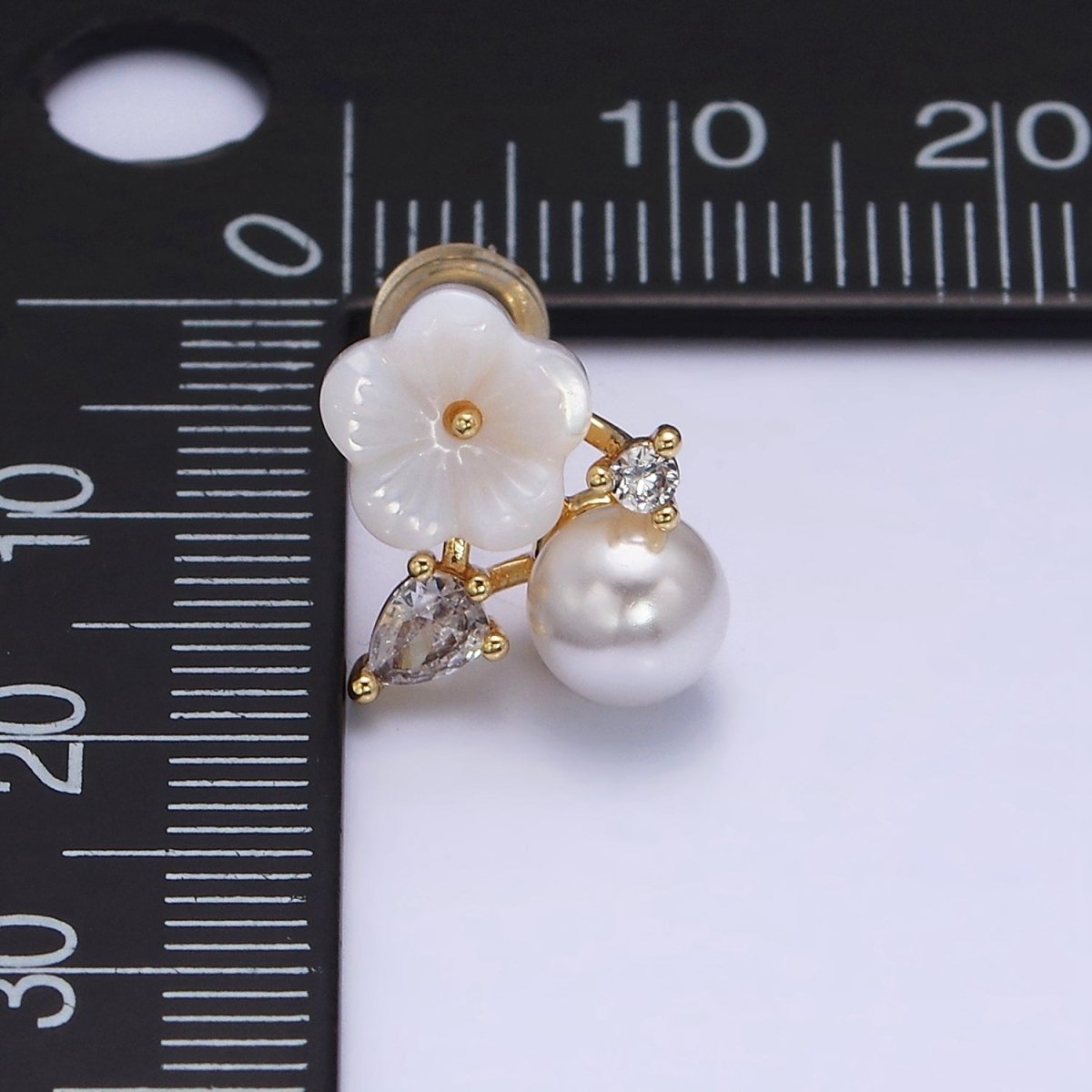 16K Gold Filled White Acrylic Flower Pearl CZ Stud Earrings in Gold & Silver | AD1558 AD1559 - Gold