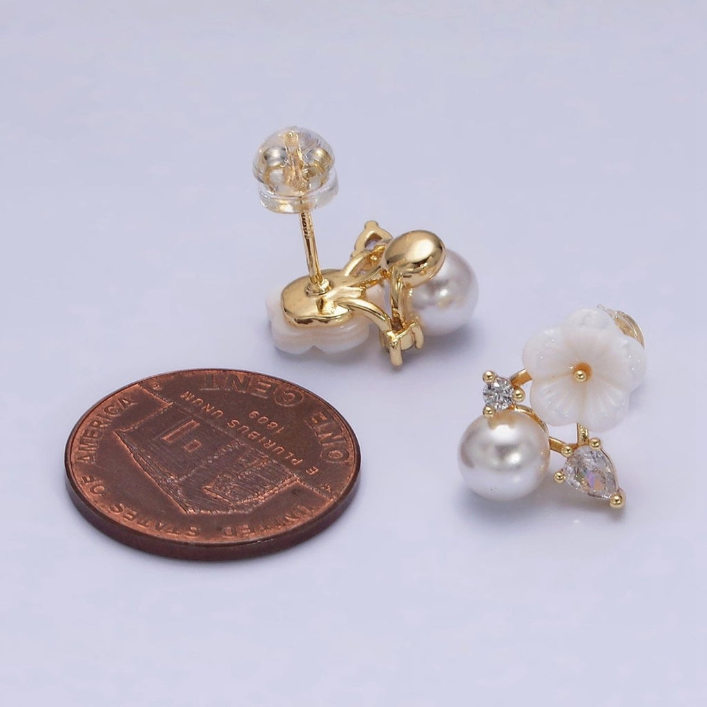 16K Gold Filled White Acrylic Flower Pearl CZ Stud Earrings in Gold & Silver | AD1558 AD1559 - Gold