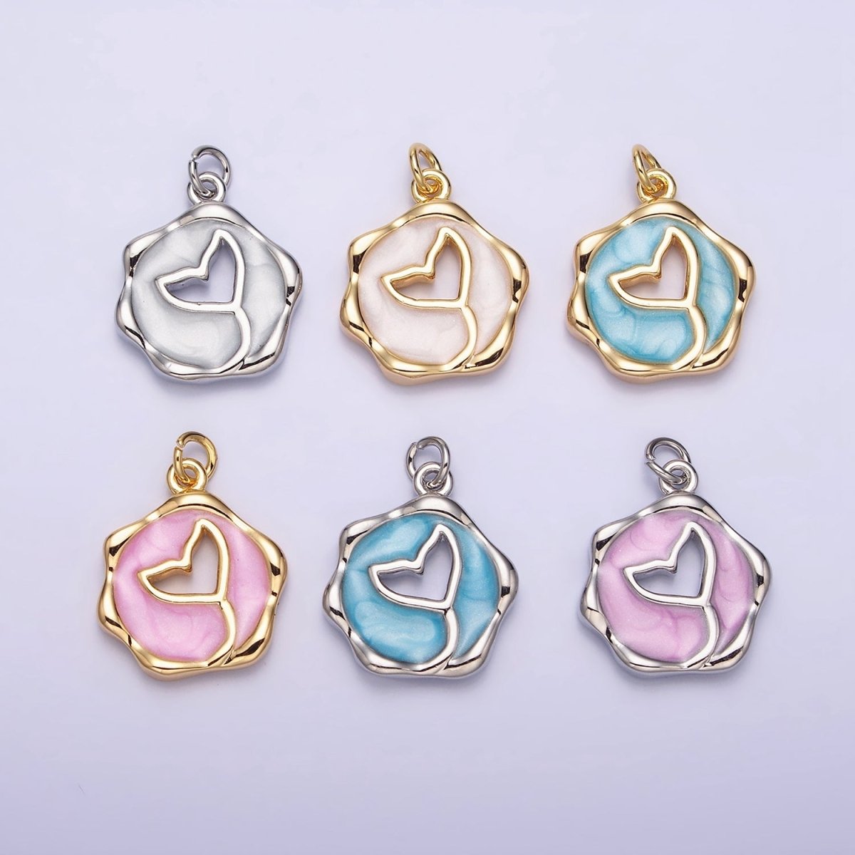 16K Gold Filled White, Pink, Blue Ocean Whale Tail Glitter Enamel Stamped Round Charm in Gold & Silver | AC1093 - AC1098