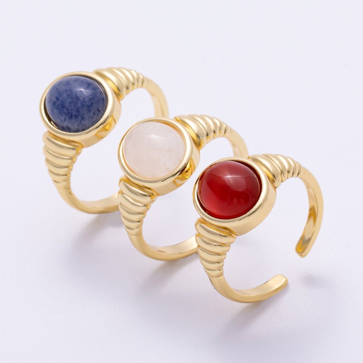 16K Gold Filled White Quartz, Kyanite, Carnelian Cabochon Gemstone Croissant Ring | RINGS-00080 - RINGS-00082