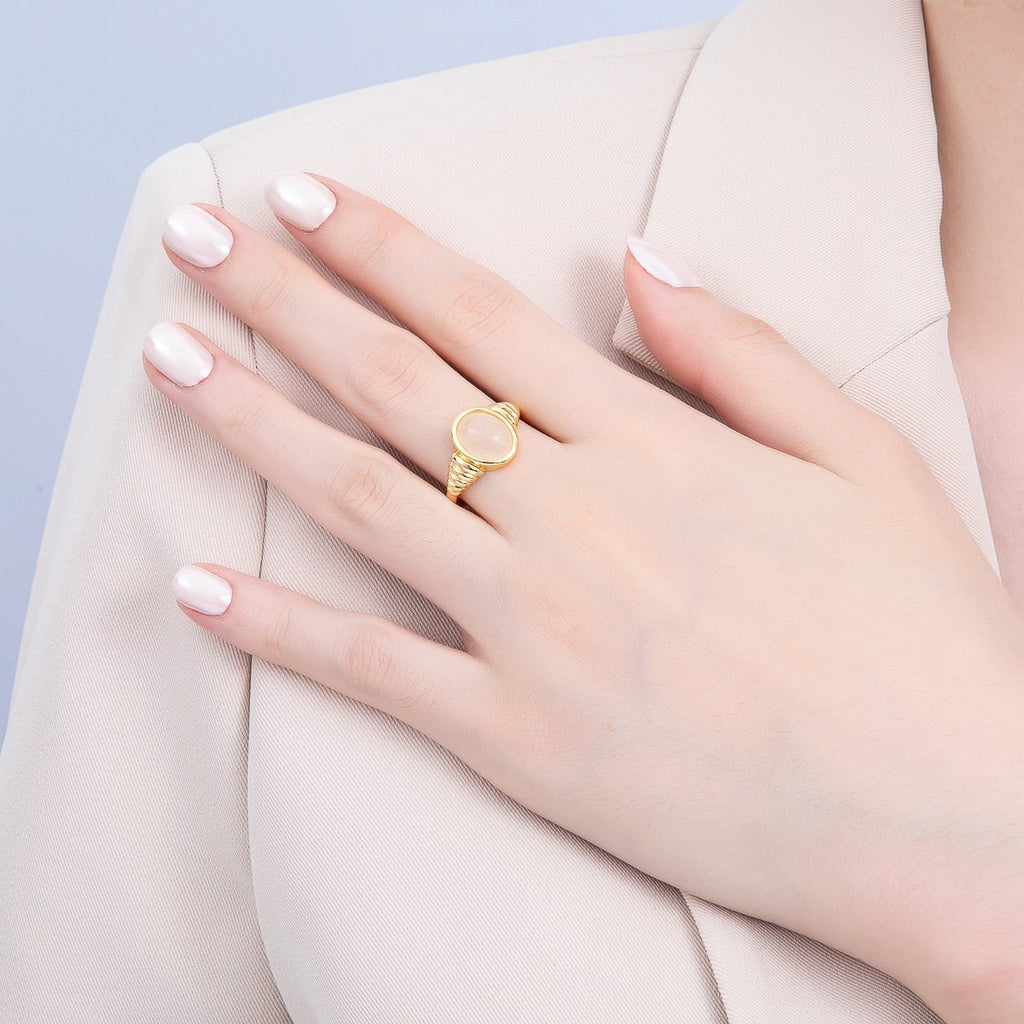 16K Gold Filled White Quartz, Kyanite, Carnelian Cabochon Gemstone Croissant Ring | RINGS-00080 - RINGS-00082