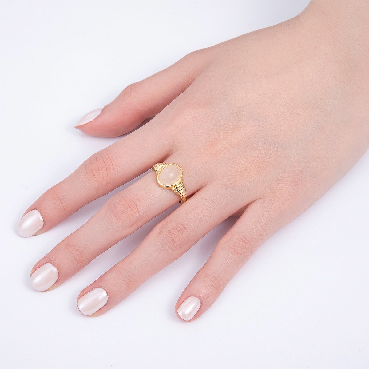 16K Gold Filled White Quartz, Kyanite, Carnelian Cabochon Gemstone Croissant Ring | RINGS-00080 - RINGS-00082