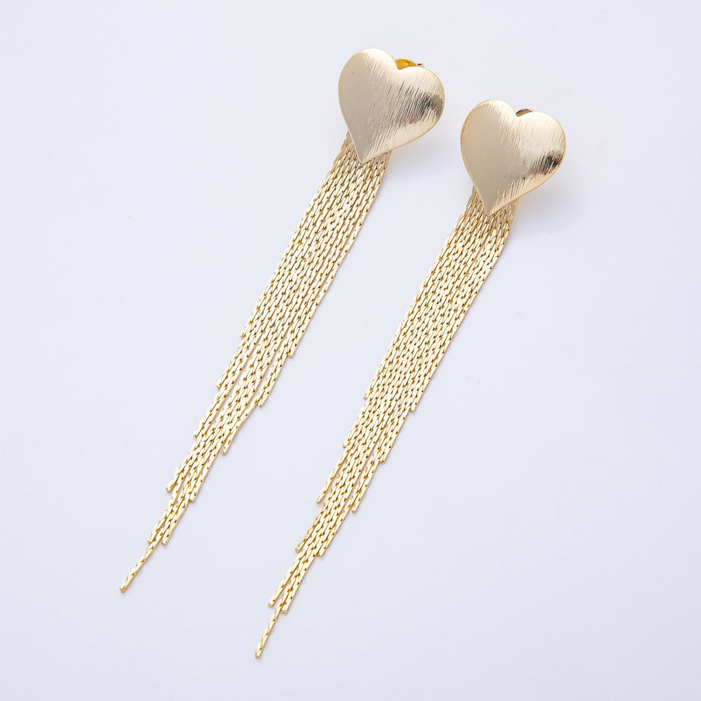18K Gold Filled 106mm Textured Heart Snake Chain Fringe Drop Stud Earrings | T487