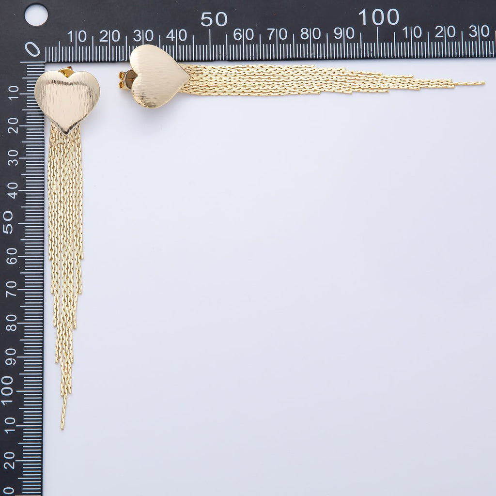 18K Gold Filled 106mm Textured Heart Snake Chain Fringe Drop Stud Earrings | T487