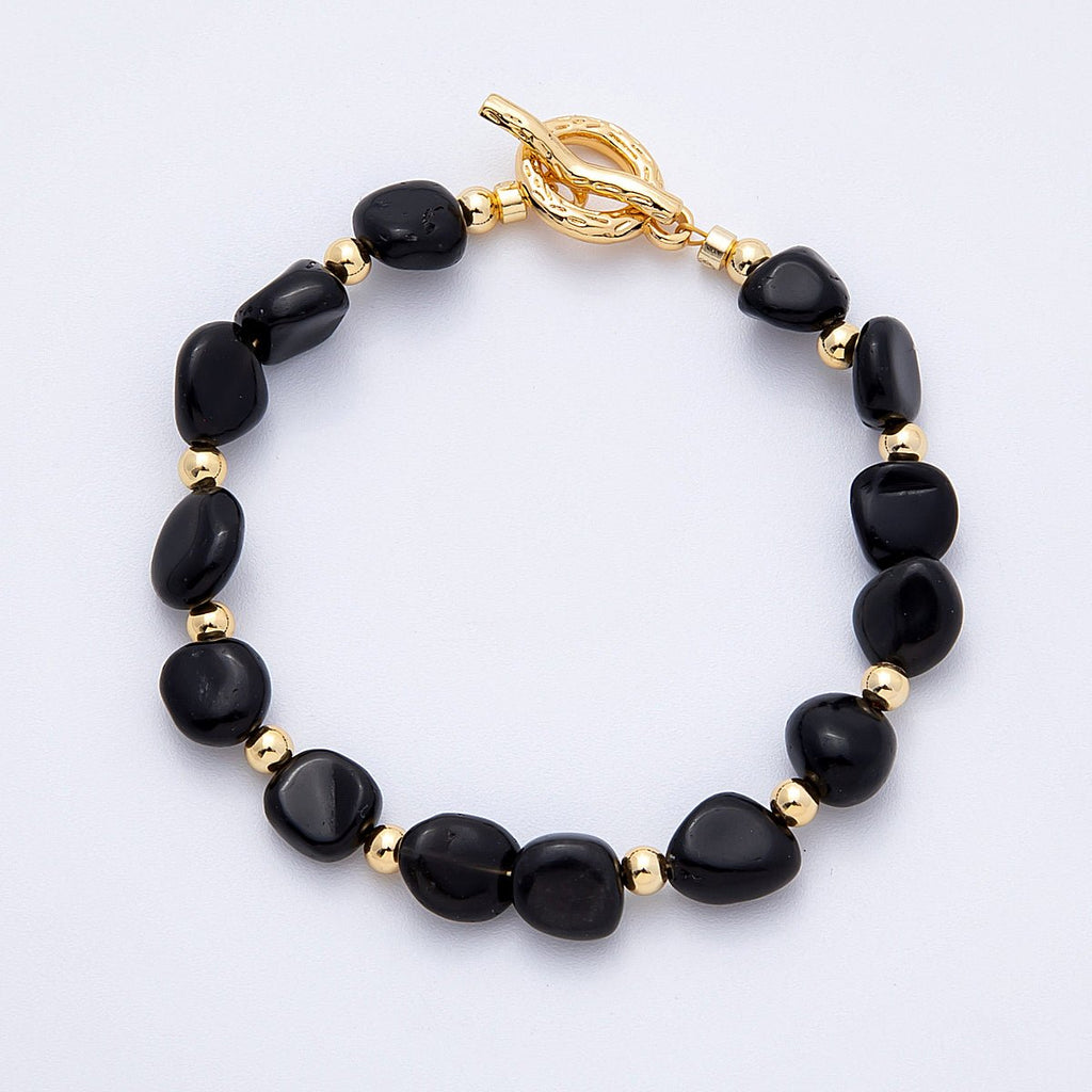 18K Gold Filled 10mm Onyx, Carnelian, Amazonite Pebble Gemstone Bead 7.5 Inch Toggle Bracelet | WA-4105
