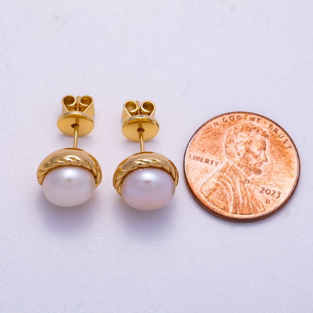 18K Gold Filled 10mm Shell Pearl Rope Bezel Round Stud Earrings | Earrings-00353