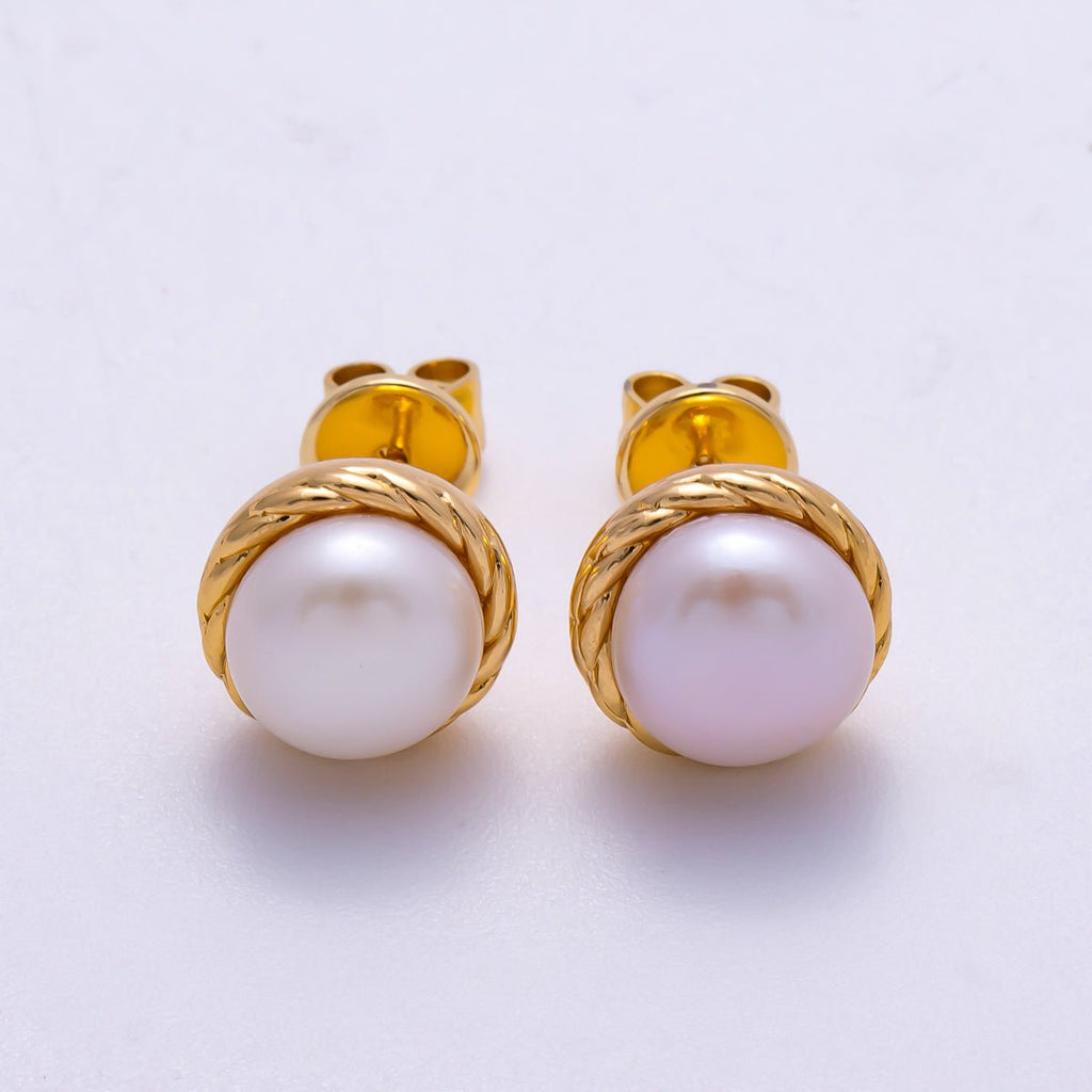 18K Gold Filled 10mm Shell Pearl Rope Bezel Round Stud Earrings | Earrings-00353