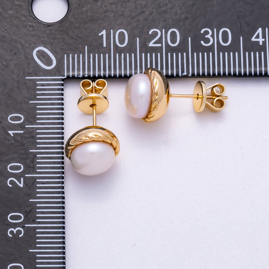 18K Gold Filled 10mm Shell Pearl Rope Bezel Round Stud Earrings | Earrings-00353