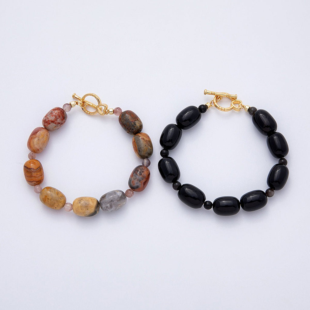 18K Gold Filled 10mm Sunstone, Onyx Tube Gemstone 7.5 Inch Toggle Bracelet | WA-4103 WA-4104