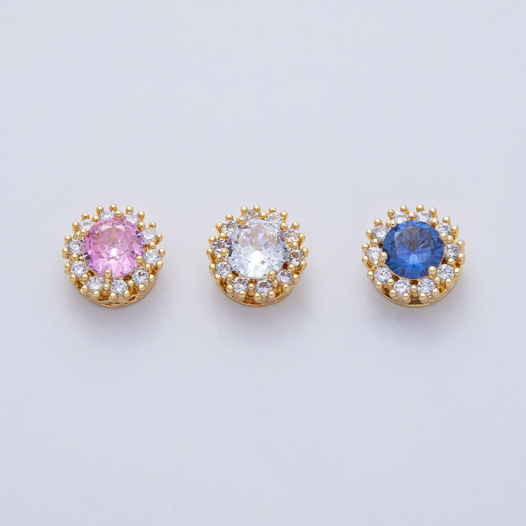18K Gold Filled 11.5mm Blue, Pink, Clear CZ Micro Paved Round Spacer Bead | B527 B528