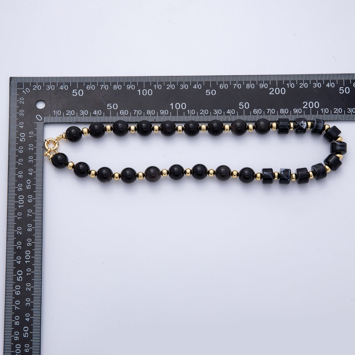 18K Gold Filled 12mm Black Nero Marquina Onyx Tube Round Bead 18.7 Inch w. Sailor Clasps | WA-4133